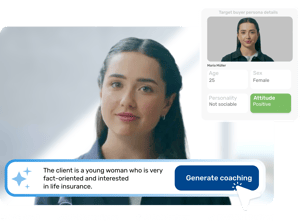 AI coaching platform showing a virtual client persona for training simulations.