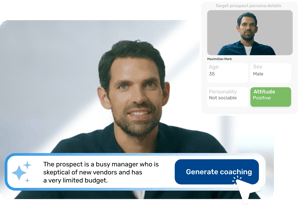 AI coaching platform showing a virtual prospect persona, Maximilian Mark, for sales training.