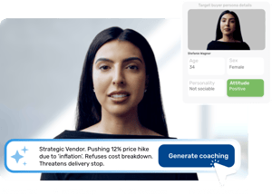 AI coaching platform interface featuring a virtual target buyer persona, Stefanie Wagner, for a procurement training scenario involving a strategic vendor negotiation.
